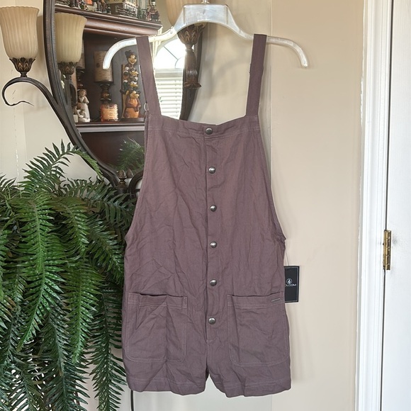 Brand New Volcom Stone Strut Romper Button Up Brown Jumper Casual Short Overalls - Picture 13 of 13
